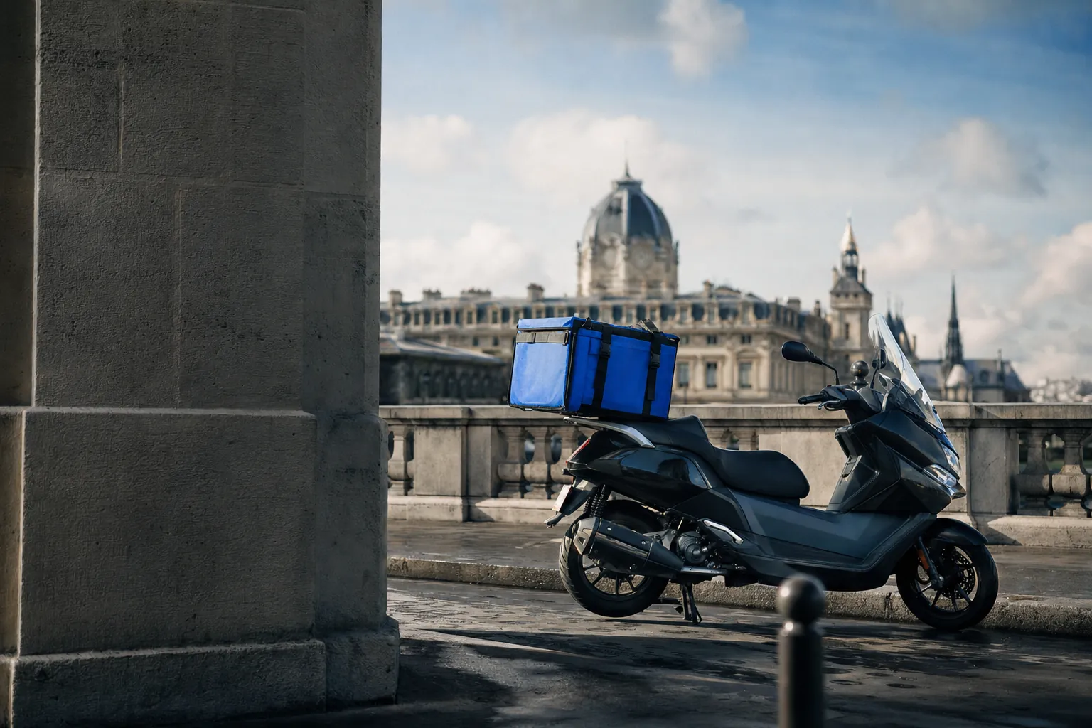 Coursier urbain en mouvement dans les rues de Paris, illustrant l'affrètement et le transport express en Île-de-France