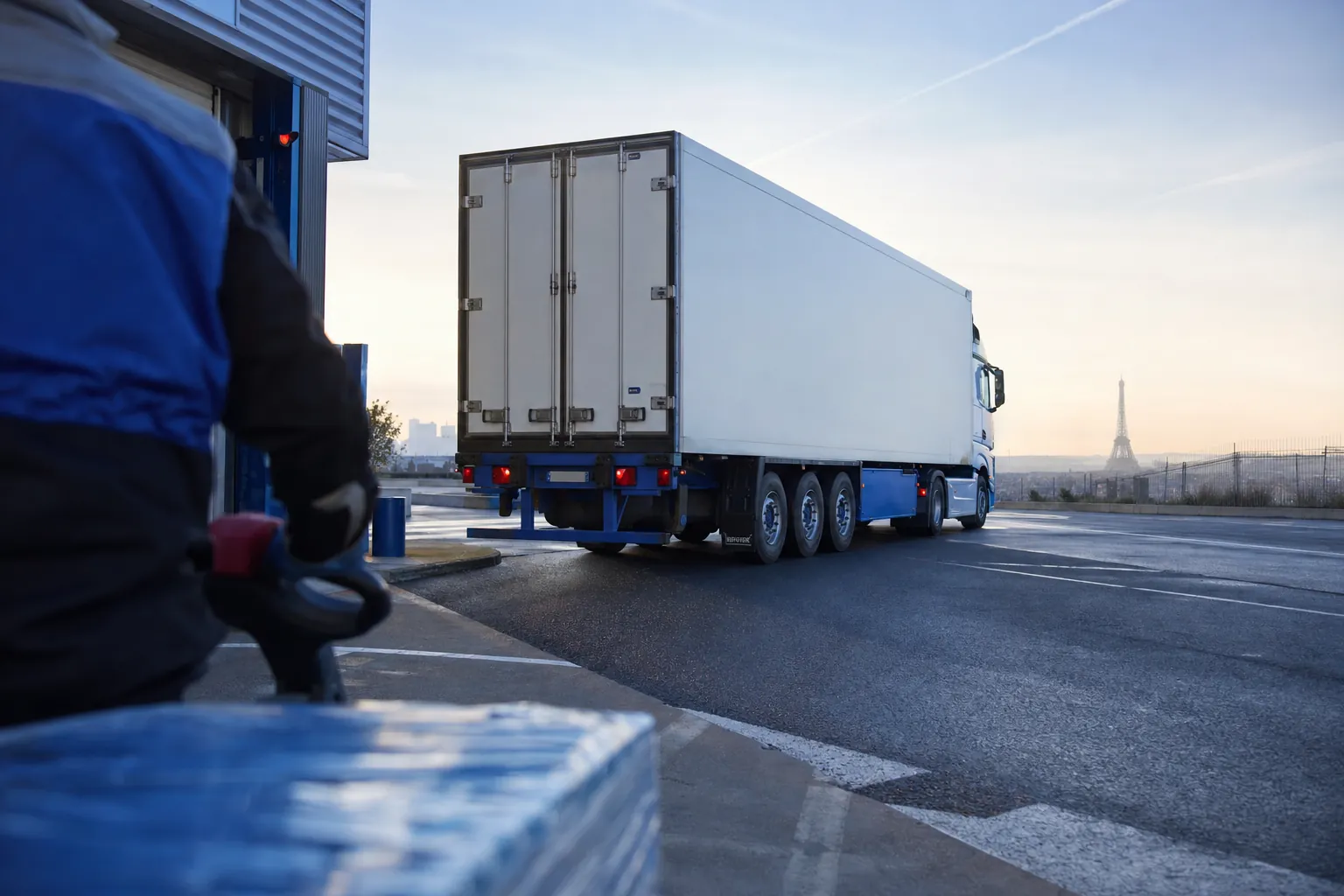 vue large d'un semi-remorque unique quittant une plateforme logistique au petit matin, remorque fermee sur une route degagee