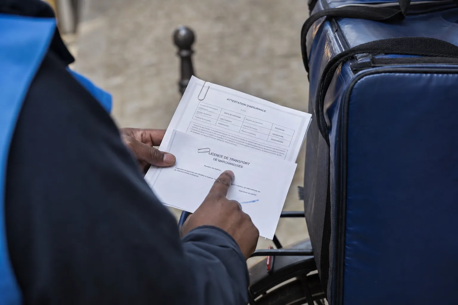 plan serre sur une main verifiant du doigt une attestation d'assurance et une licence de transport agrafees, dans la lumiere