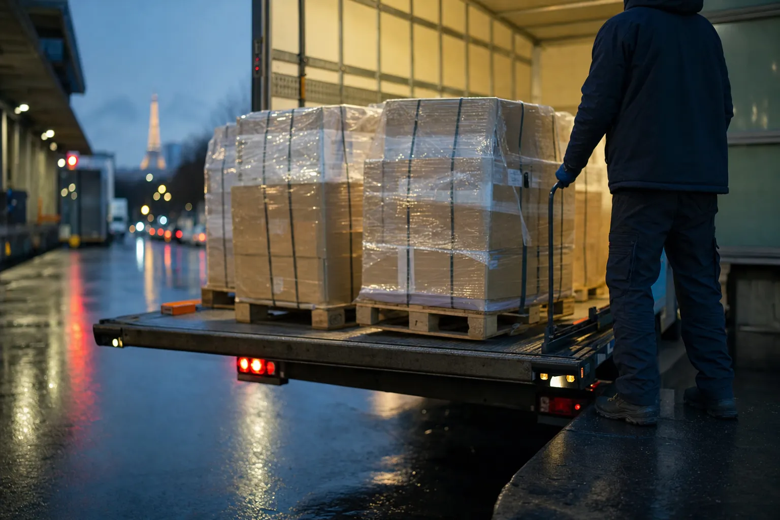 trois palettes filmees chargees a la va-vite sur un hayon de camion sous l'eclairage jaune d'un quai un soir de novembre