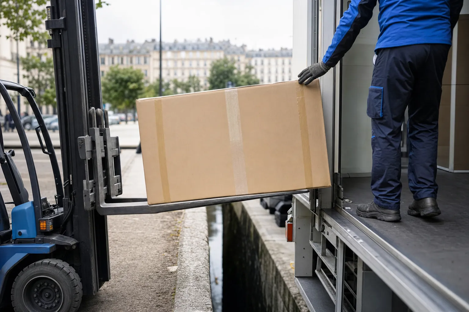 plan serre d'un carton scelle franchissant le bord d'un quai au moment ou il passe d'un chariot elevateur vers la remorque