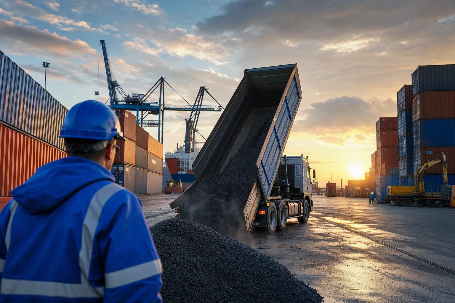 vue large d'un terminal portuaire avec conteneurs empiles et un camion a benne ouverte pret a decharger sous un ciel de fin