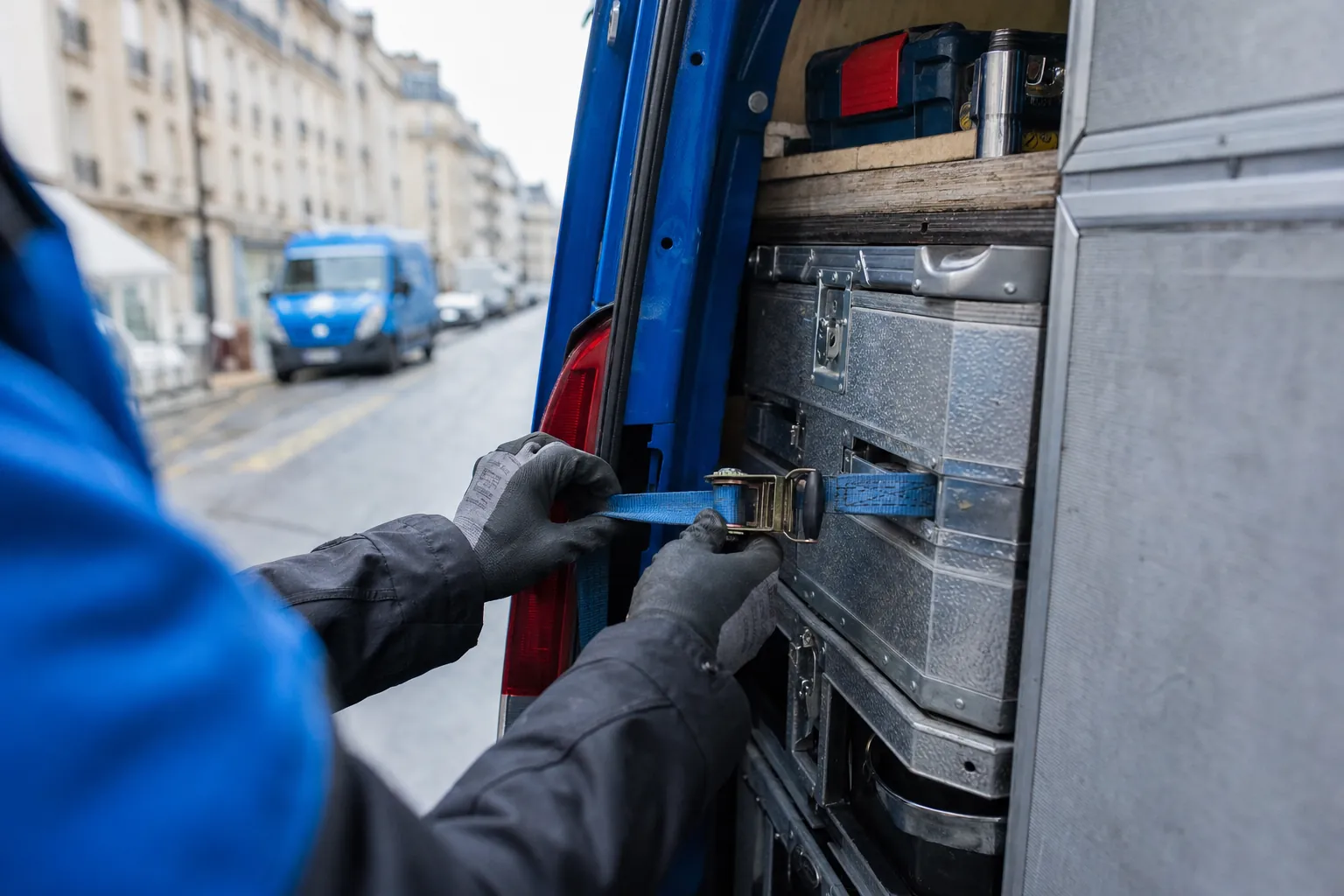 mains gantees fixant une sangle d'arrimage sur des caisses d'outillage metallique chargees dans un utilitaire de livraison