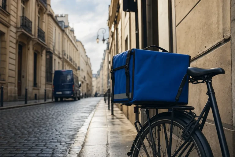 Coursier urbain en mouvement dans les rues de Paris, illustrant la logistique du dernier kilomètre en ville