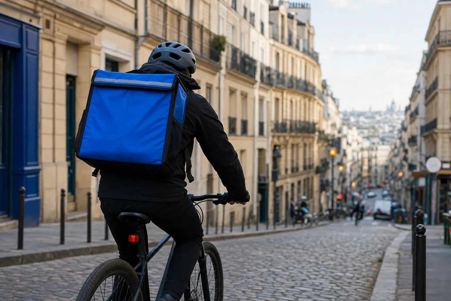 un coursier à vélo vu de dos remontant une rue pavée parisienne, sacoche de livraison sur le dos, immeubles haussmanniens