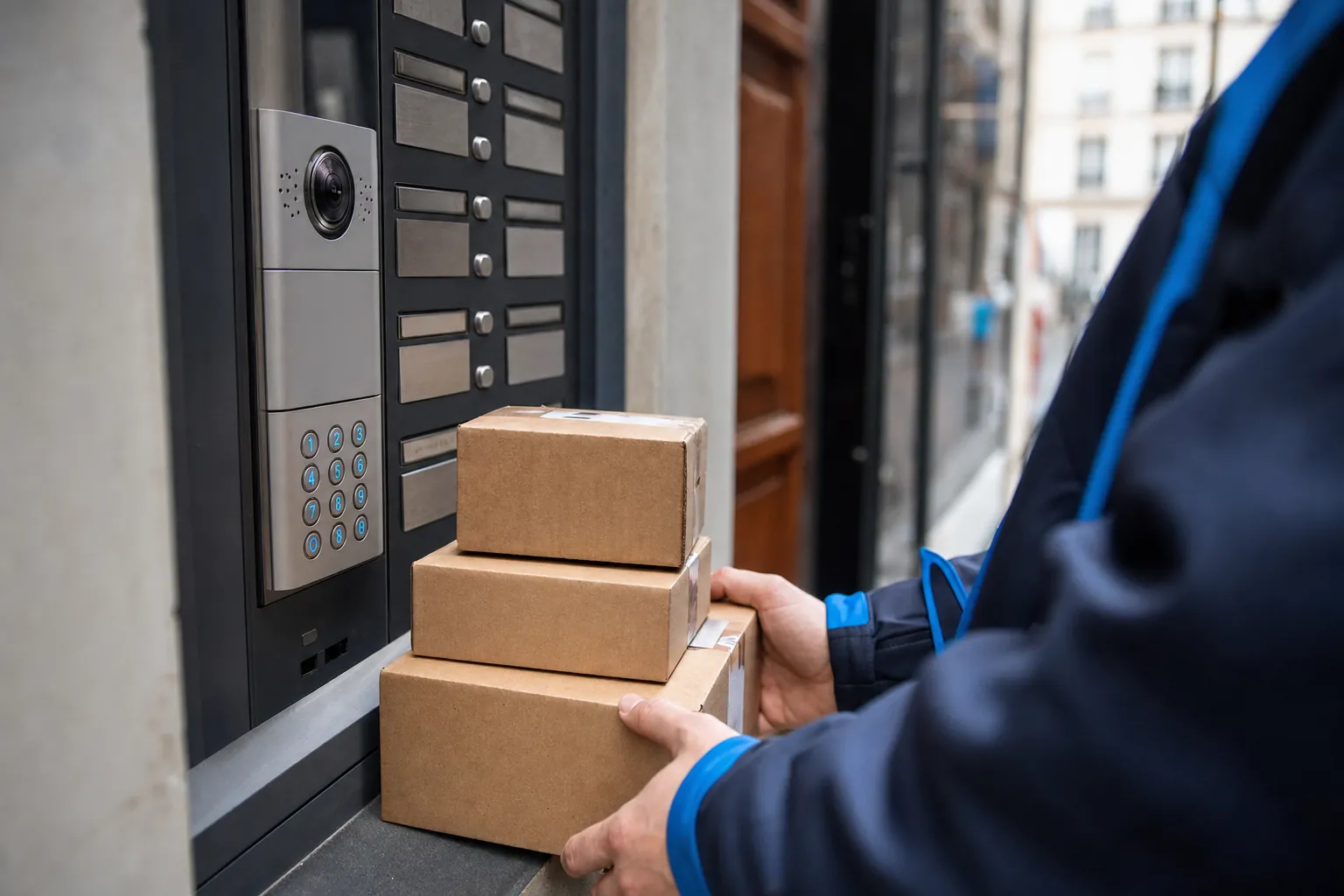 gros plan sur des mains posant une pile de colis devant une rangee d'interphones d'immeuble, digicode et boutons visibles