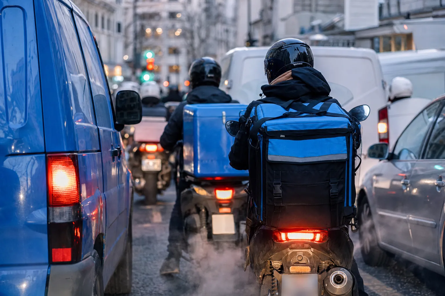 file de scooters et camionnettes de livraison a l'arret dans un embouteillage parisien, pot d'echappement et feux arriere