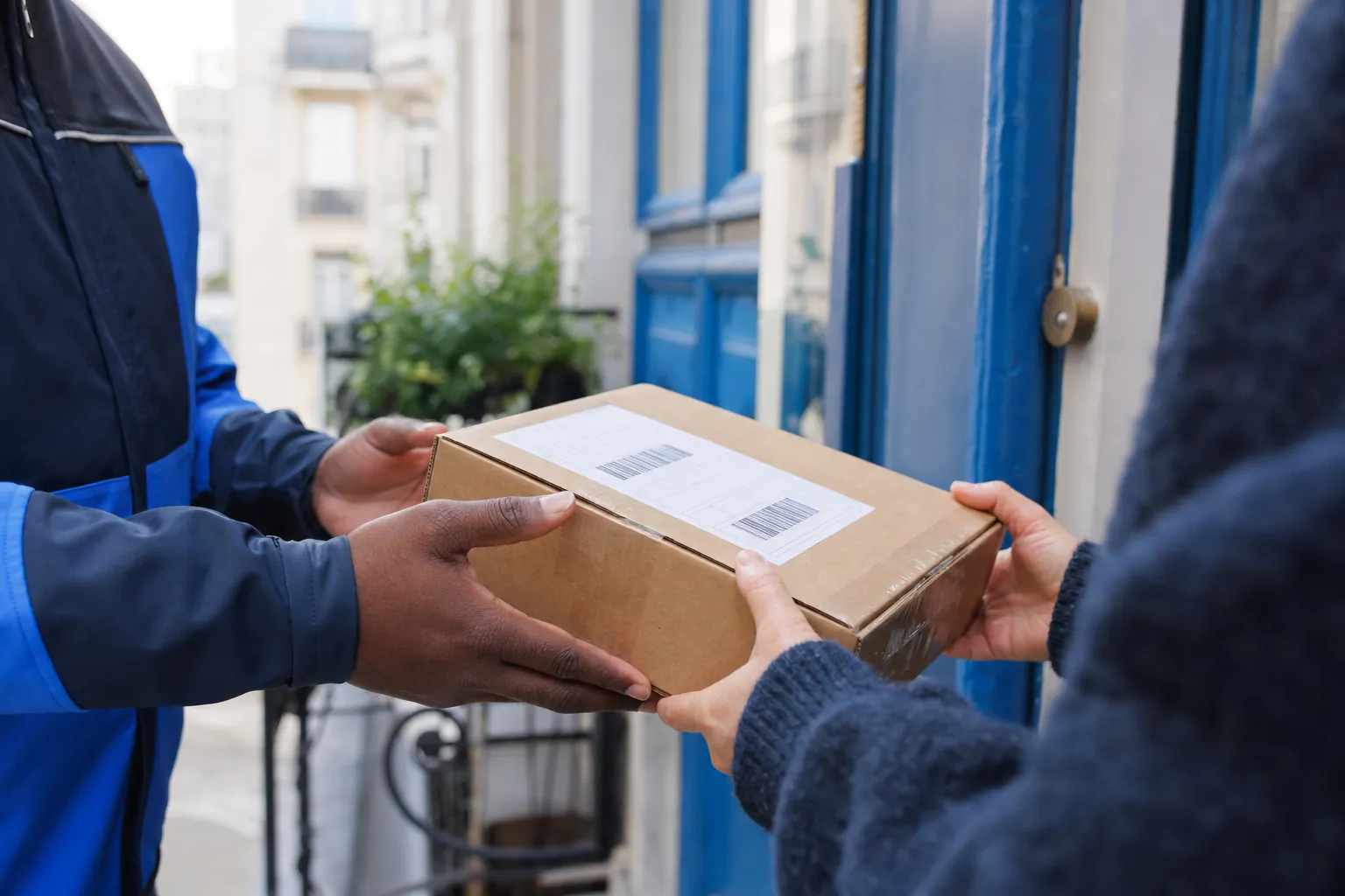 gros plan sur des mains echangeant un colis sur le pas d'une porte, etiquette de suivi visible sur le carton, lumiere