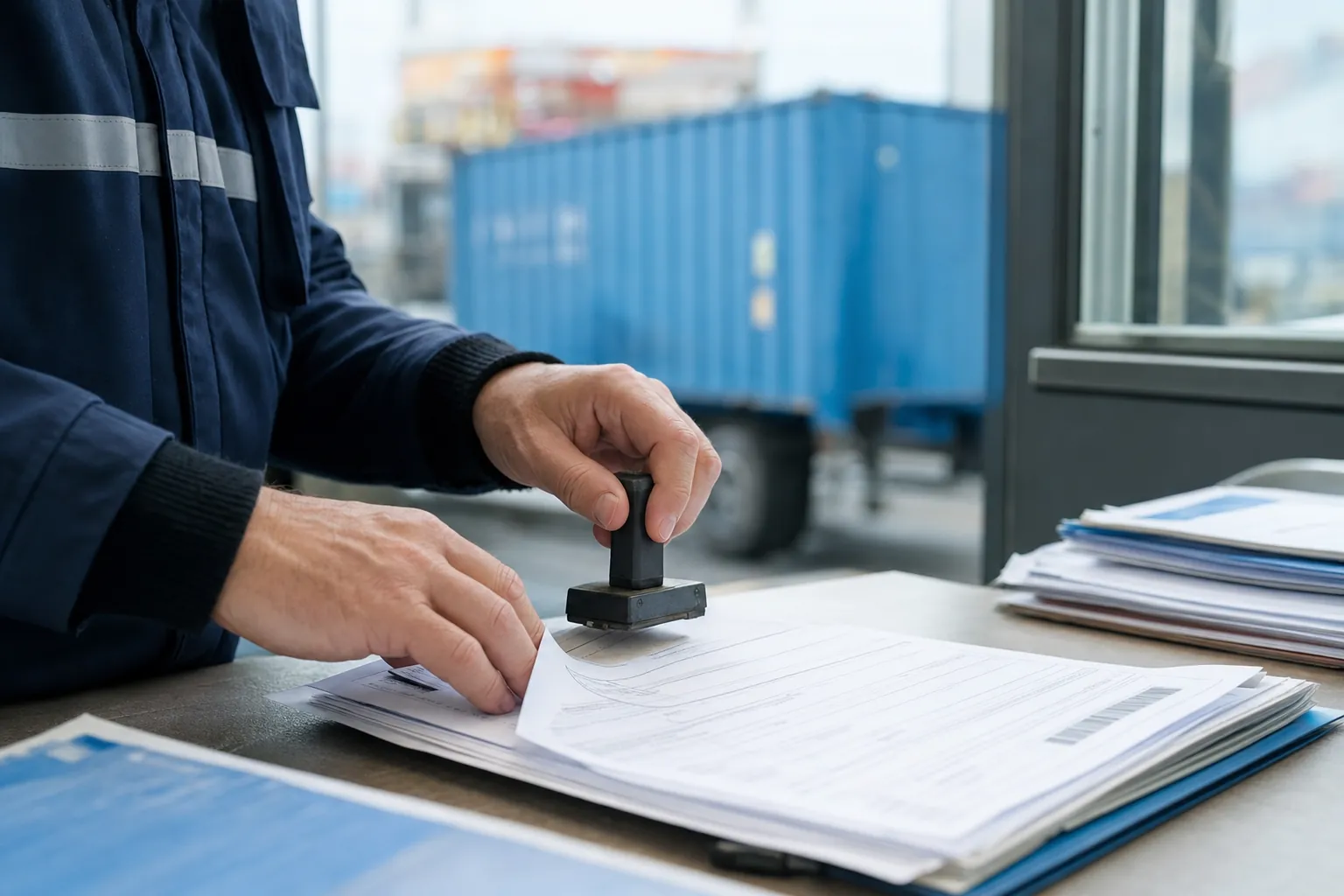 gros plan sur des mains qui tamponnent et classent des documents douaniers sur un bureau, un conteneur maritime visible flou