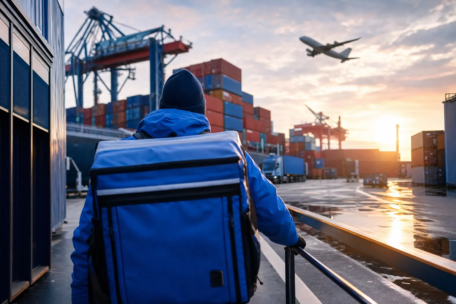 vue large d'un terminal portuaire au lever du jour, grues empilant des conteneurs colores, un avion cargo en approche