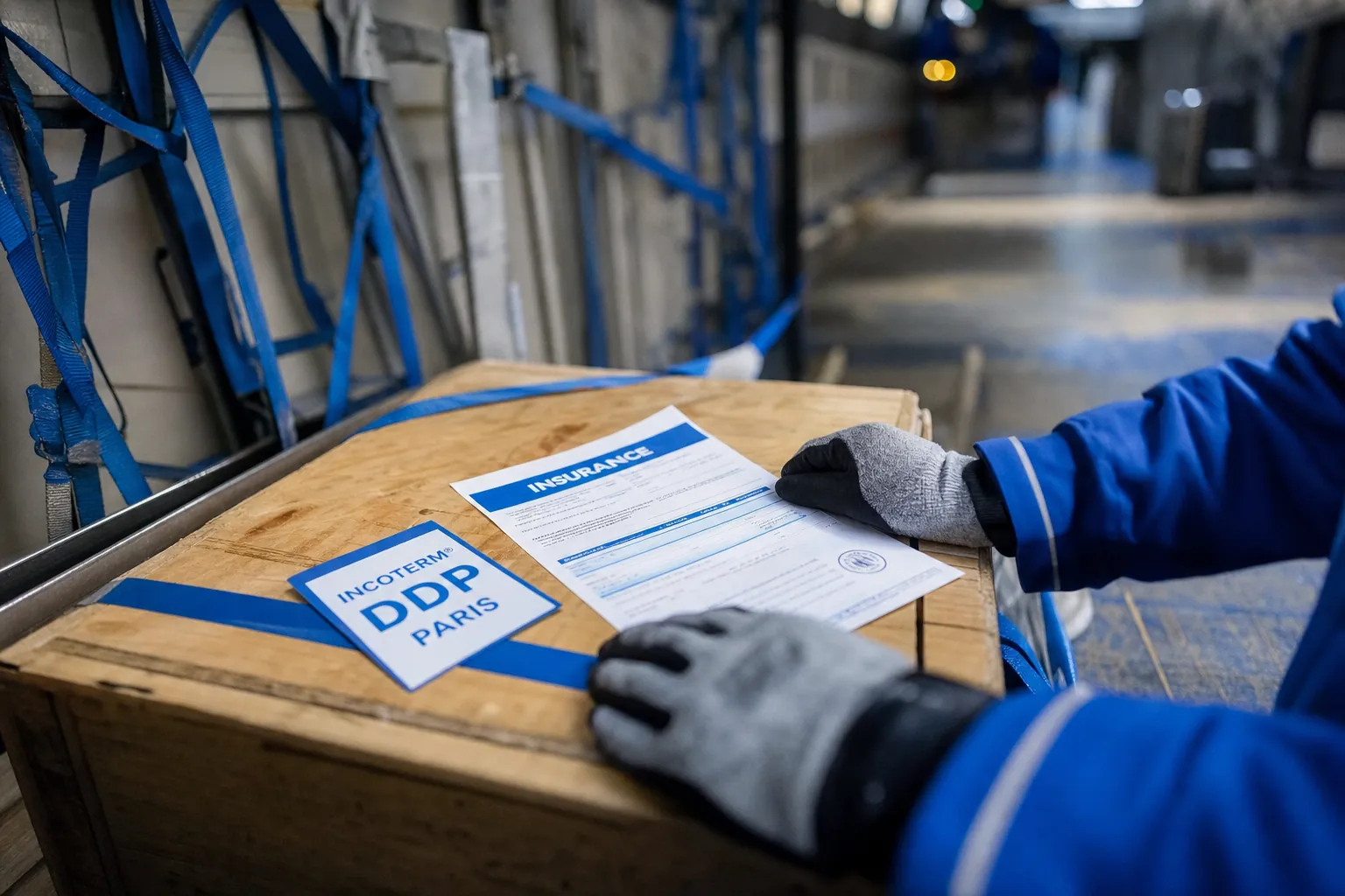 plan serre sur une caisse de bois cerclee dans une soute, un document d'assurance et une etiquette incoterm poses dessus